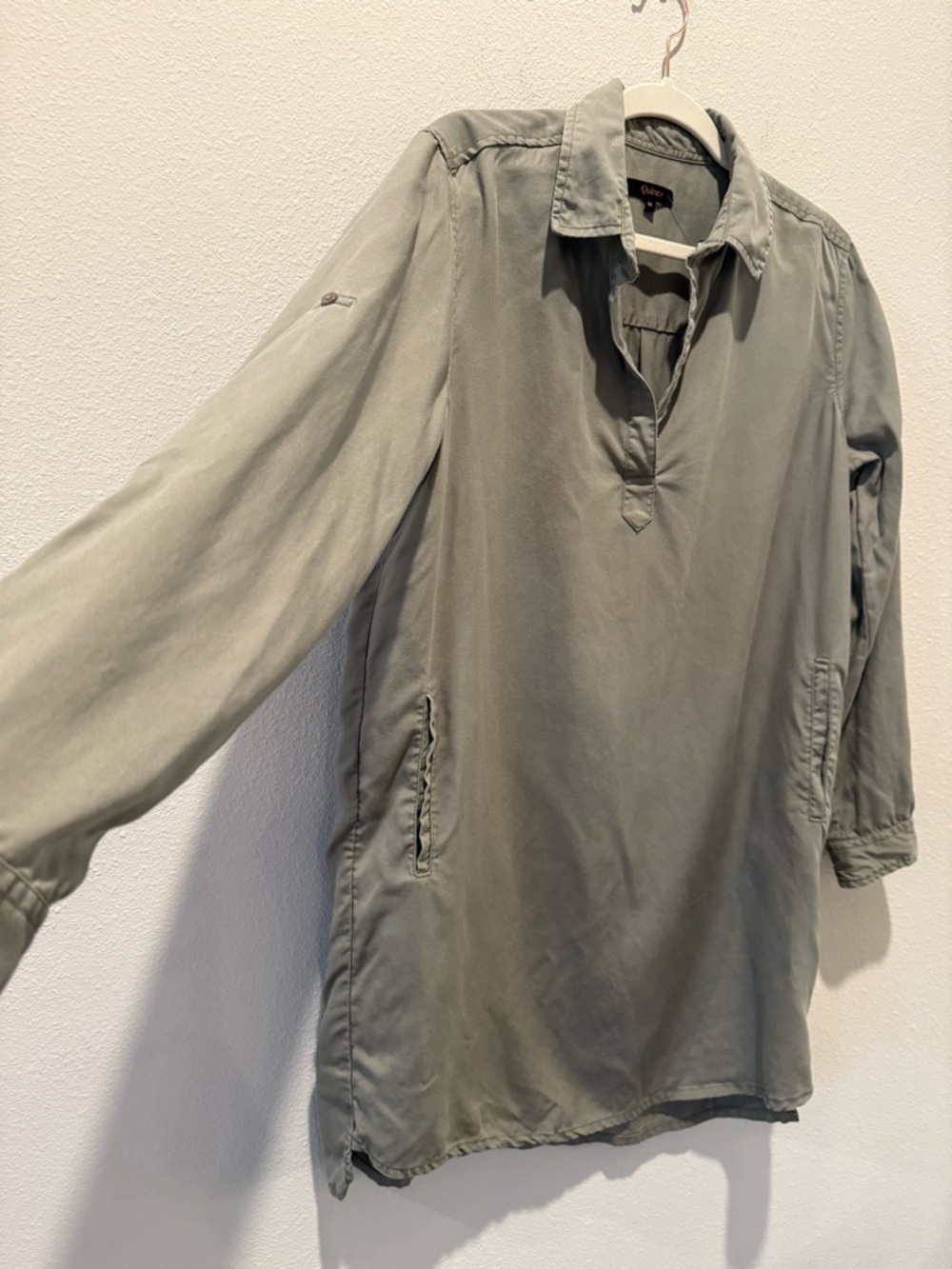 Quince Olive Gray Vintage Wash Tencel Roll Sleeve Tunic Dress Medium - Picture 6 of 11